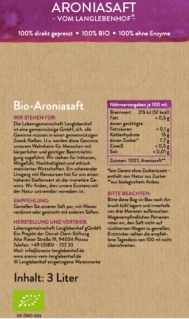 Demeter Aroniasaft (BIO), 3 Liter Box, DER MILDE vom Langlebenhof, Direktsaft
