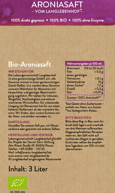 BIO-Aroniasaft, 3 Liter Box, DER MILDE vom Langlebenhof, Direktsaft