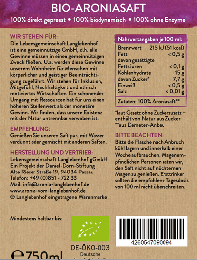 BIO Aroniasaft, 750ml, DER MILDE vom Langlebenhof, 100% Direktsaft, Demeter